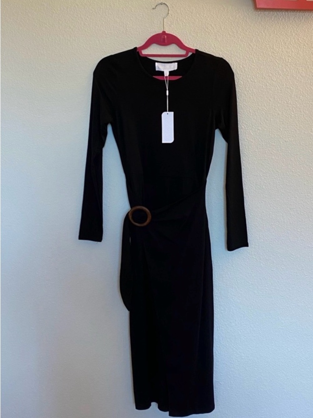 Black Midi Dress with Decorative Waist Ring